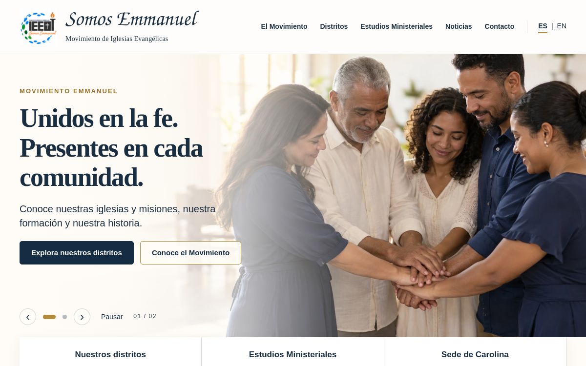 Vista previa de la portada de Somos Emmanuel, con navegación bilingüe y su presentación de comunidad.